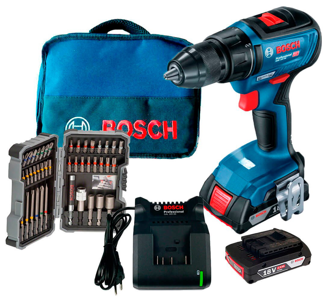 Безщітковий акумуляторний дриль-шурупокрут Bosch GSR 18V-50 Professional в сумці з 2 акб 2 Ah, з/п GAL 18V-20, набором 43 насадок для загвинчування