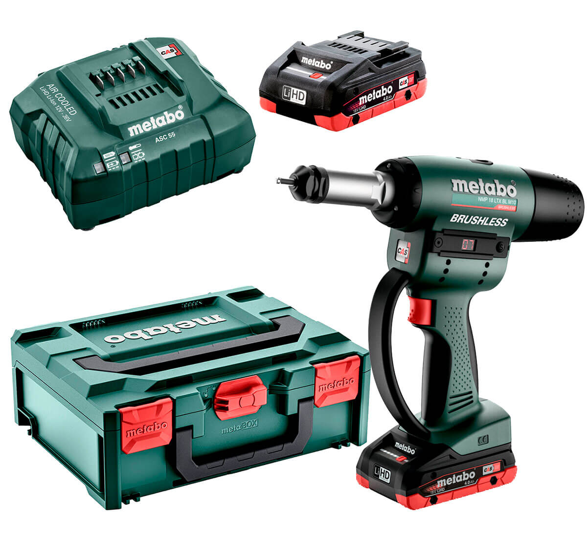 Аккумуляторный заклепочный пистолет Metabo NMP 18 LTX BL M10, 2 акб LiHD 18V 4 Ah, з/у в MetaBOX 145 M