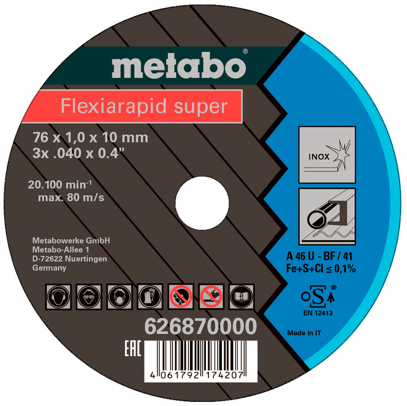 Отрезной круг по нержавейке Metabo Flexiarapid Super 76x1,0x10,0 мм, TF 41, 5 шт