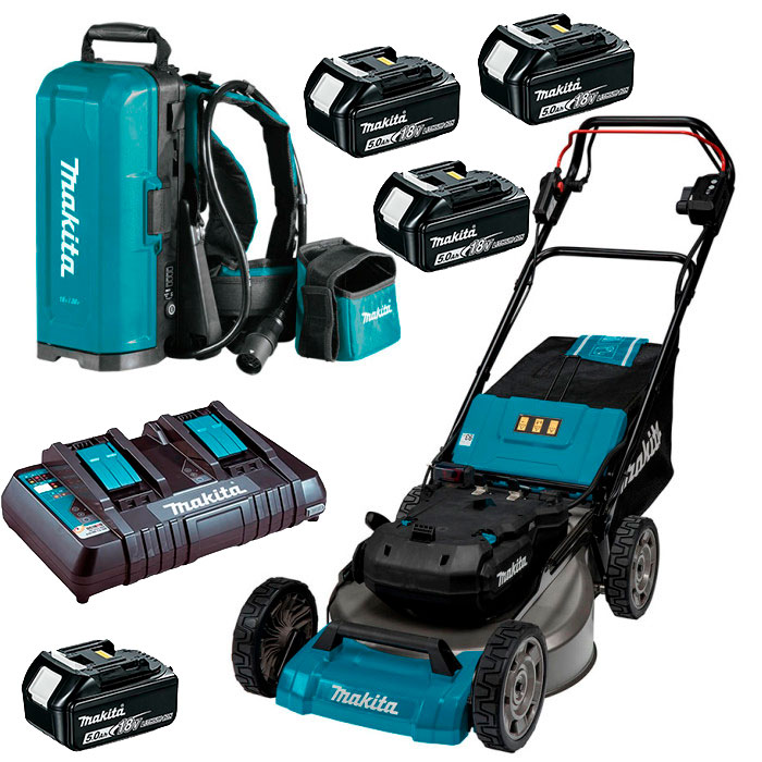 Акумуляторна газонокосарка Makita LM001C з рюкзаком для акумуляторів PDC01, 4 акб BL1850B LXT 18V 5.0 Ah, з/п DC18RD