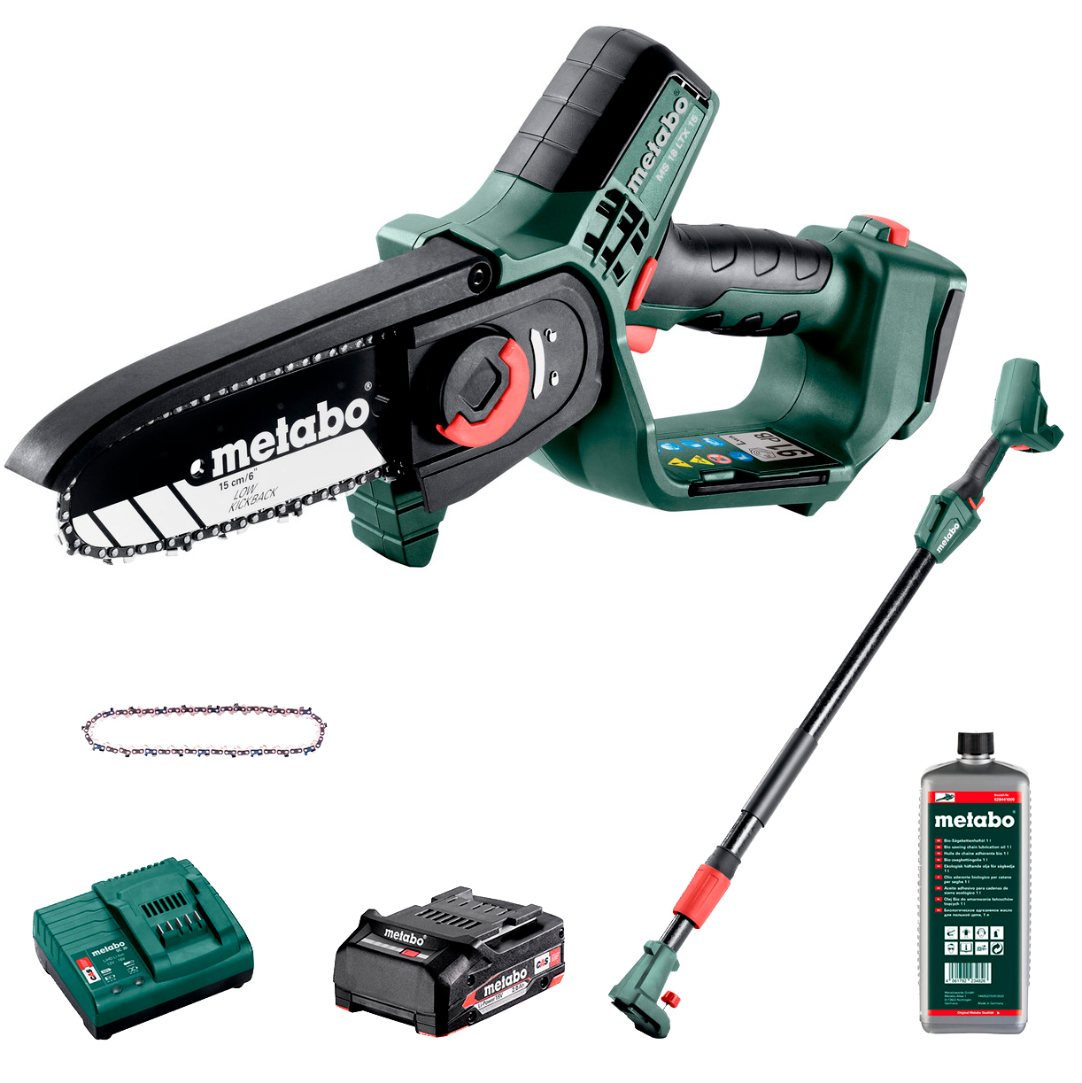 Аккумуляторная цепная пила Metabo MS 18 LTX 15 Super SET, 1x2.0 Ah, SC 30, телескопическая ручка, дополнительная цепь, 1л масла