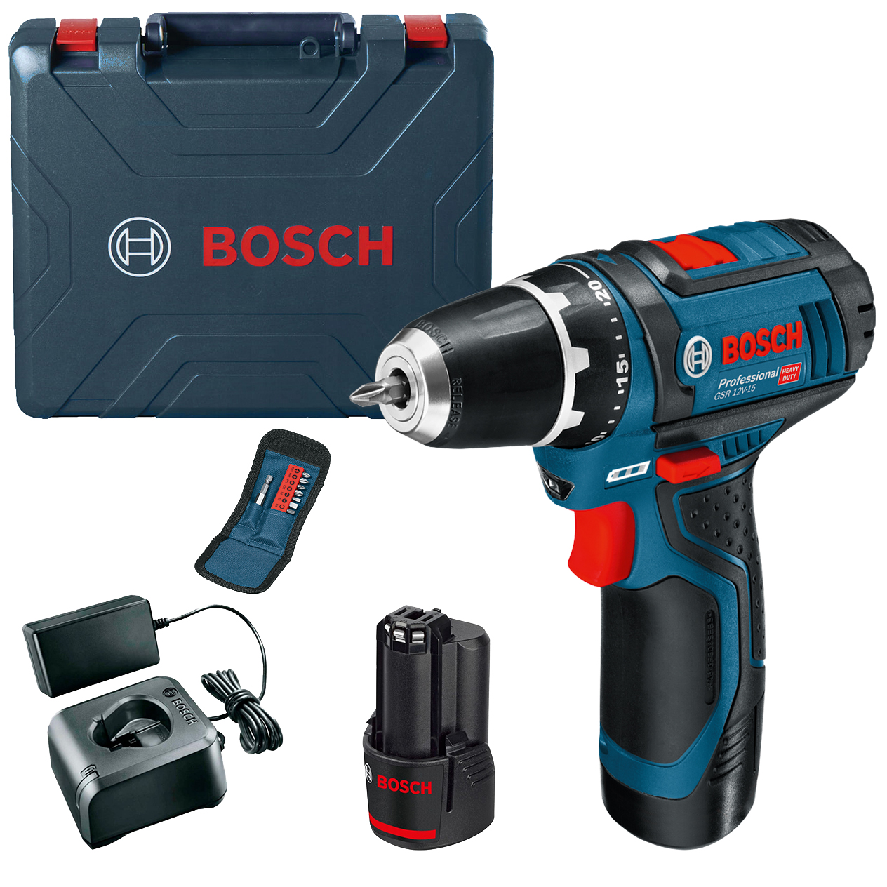 Акумуляторний дриль-шуруповерт Bosch GSR 12V-15 Professional, 2хGBA 12V 2.0Ah, з/п GAL 12V-20, набір 10 біт