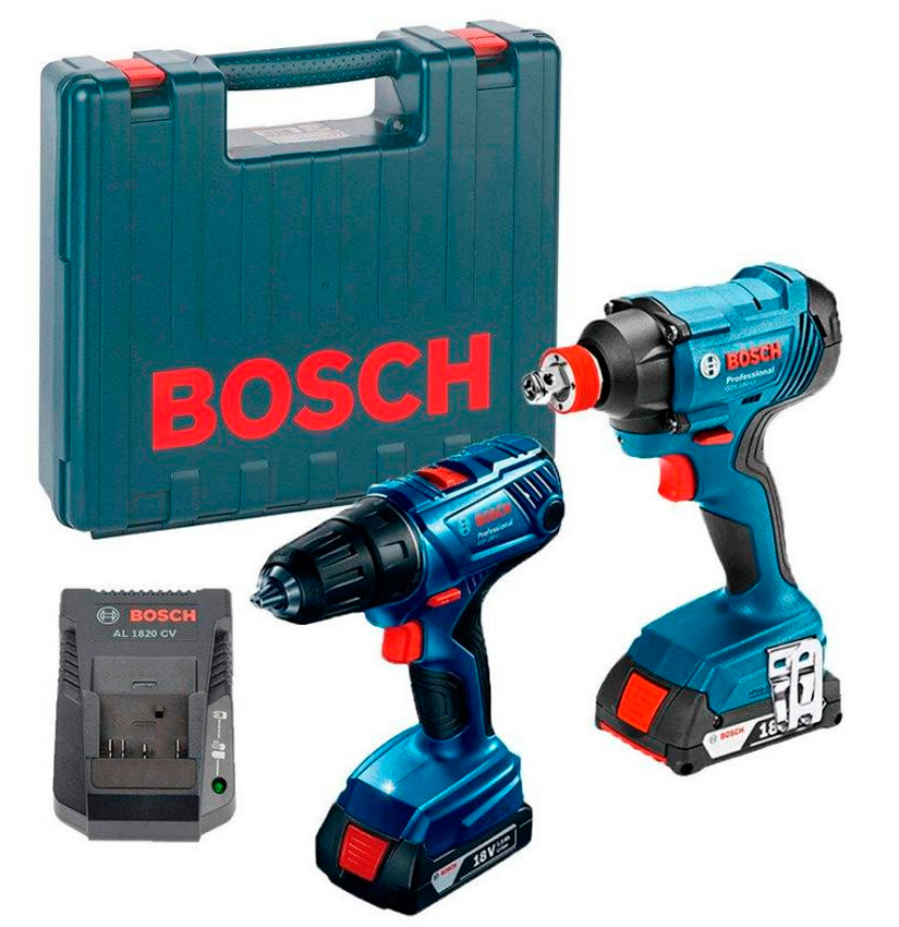 Дриль-шурупокрут Bosch GSR 180 Li з гайкокрутом GDX 180 Li в чемодані з 2 акб 18 В 1.5 Ah та з/п AL 1820 CV