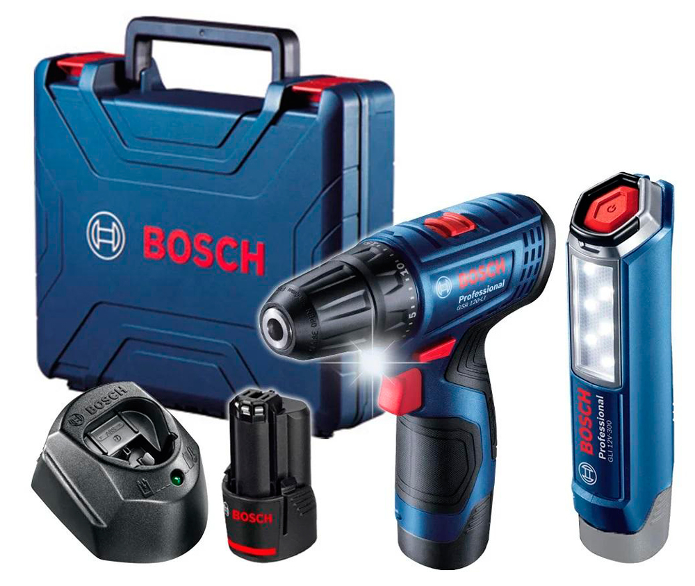 Акумуляторний дриль-шурупокрут Bosch GSR 120-LI Professional з ліхтарем GLI 12V-300 в чемодані з 2 акб GBA 12V 2 Ah та з/п GAL 1210 CV