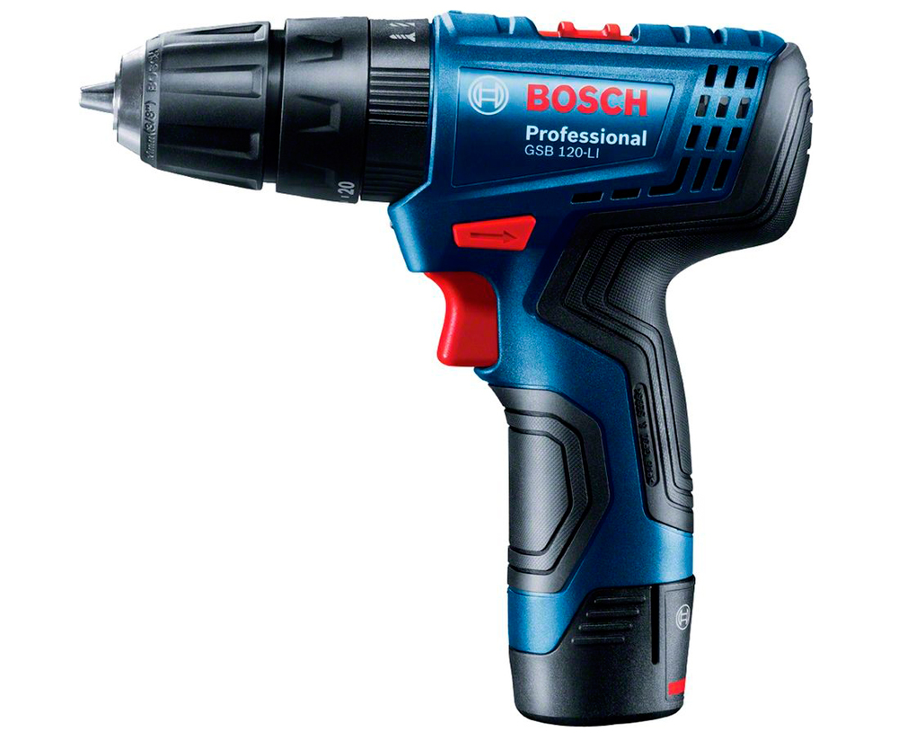 Акумуляторний ударний дриль-шурупокрут Bosch GSB 120-Li Professional в кейсі з 2 акб GBA 12V 2.0 Ah та з/п GAL 1210 CV