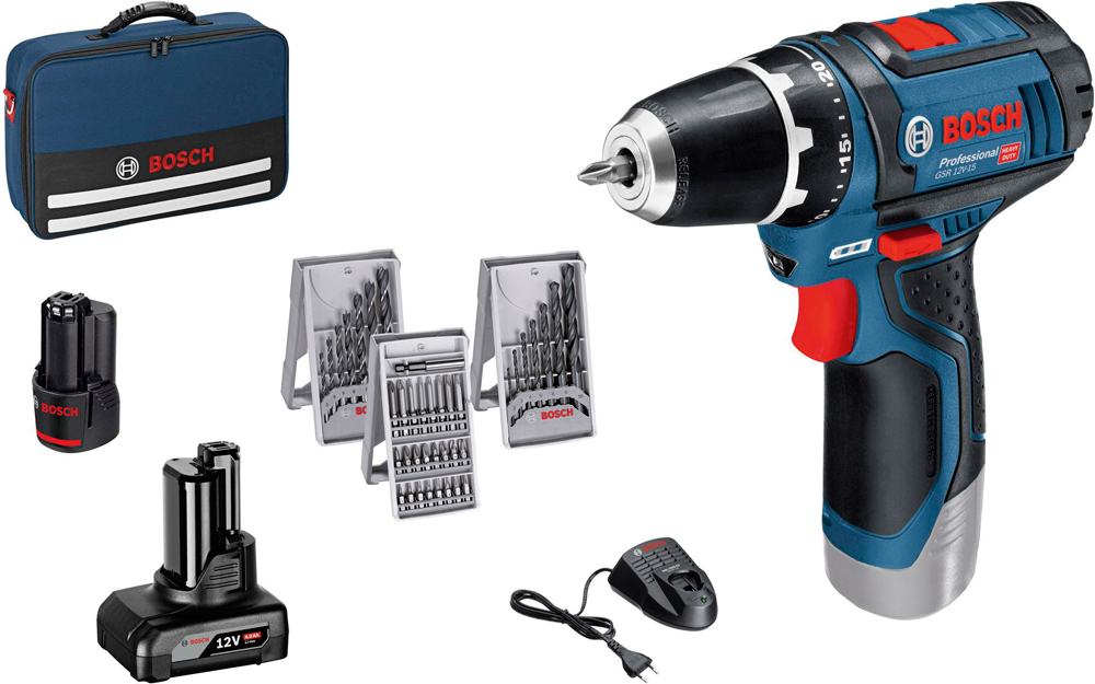 Акумуляторний шурупокрут Bosch Professional GSR12V-15 в сумці з 2 акб 12V (2Ah+4Ah) та з/п GAL 12V-20, з набором 7 свердел по дереву, набором 7 свердел по металу та набором 25 насадок