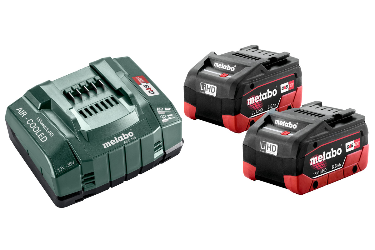 Базовый комплект с 2 аккумуляторами Metabo LiHD 18 В - 5,5 Ah + з/у ASC 145