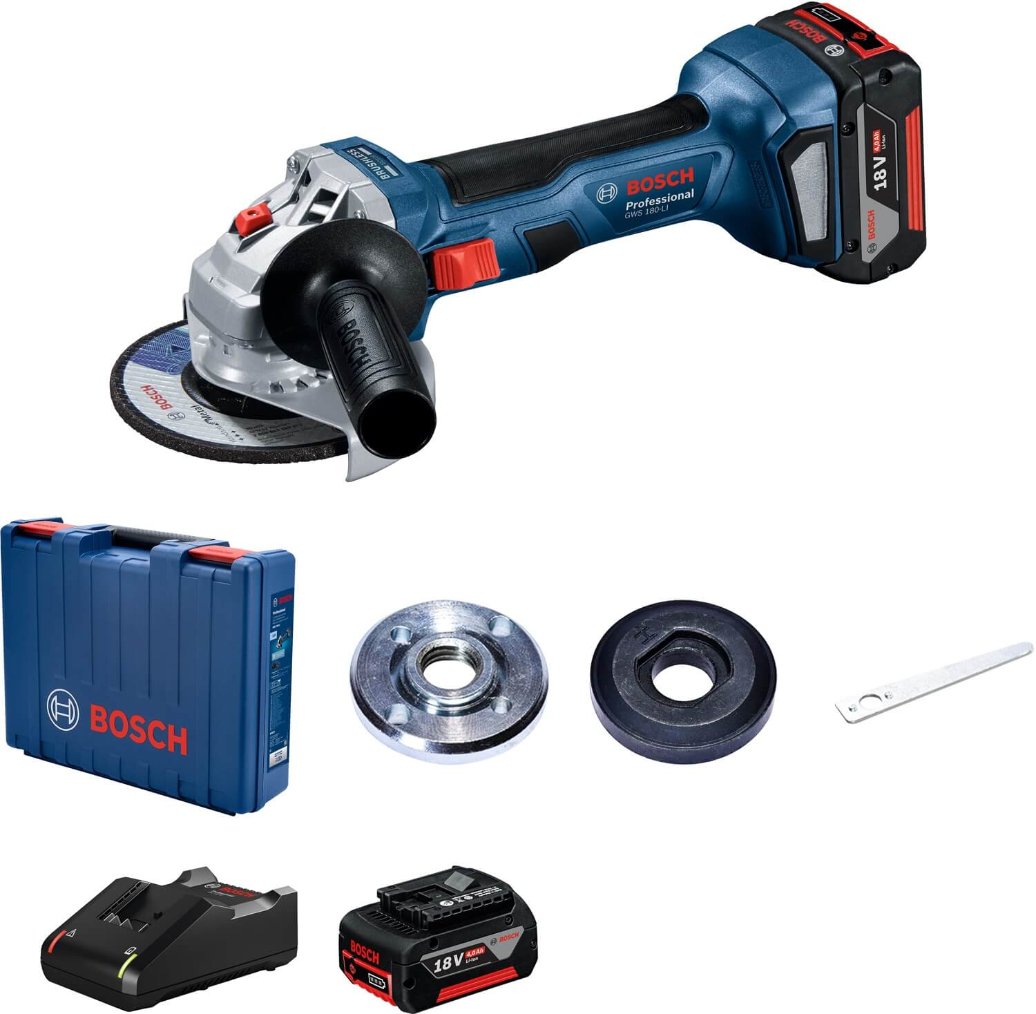 Акумуляторна кутова шліфмашина Bosch Professional GWS 180-LI в кейсі з 2 акб GBA 18V 4.0 Ah і з/п GAL 18V-40