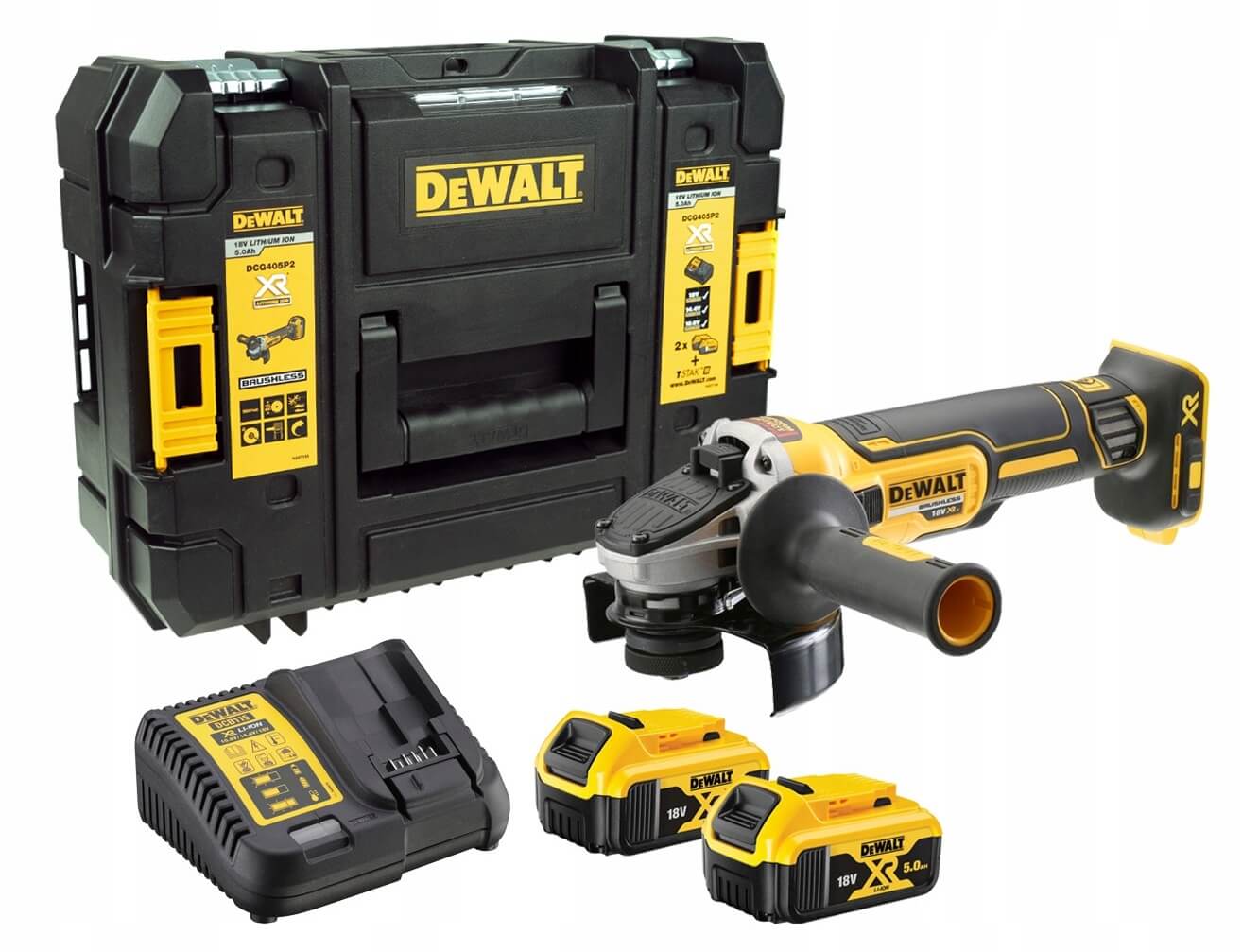 Акумуляторна болгарка DeWalt DCG405P2, 2 x 5.0 Ah, з/п, кейс TSTAK