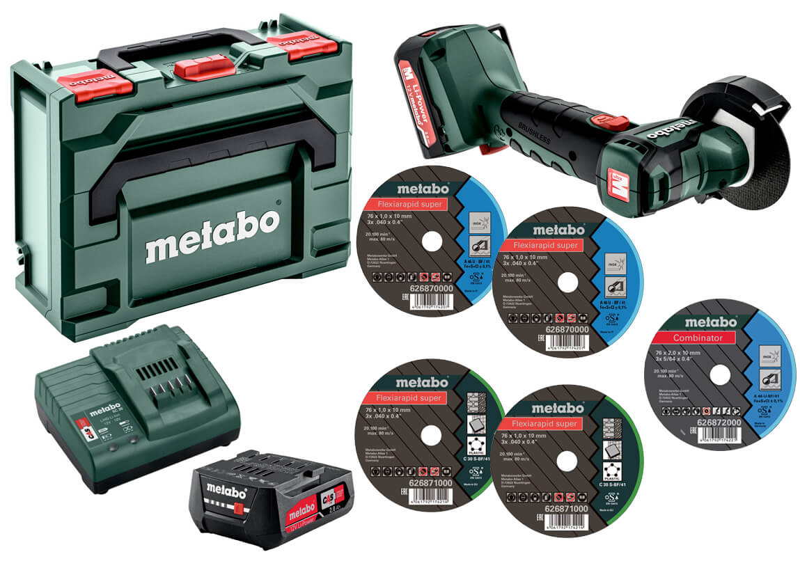 Аккумуляторная болгарка Metabo PowerMaxx CC 12 BL в MetaBox с 2 акб Li-Power 12 V 2.0 Ah, з/у LC SC 30, набором дисков