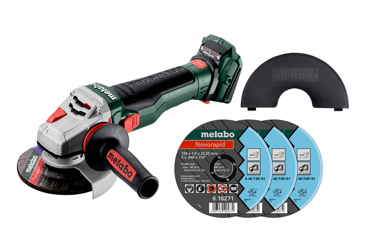Аккумуляторная угловая шлифмашина Metabo WB 18 LTX BL 15-125 Quick с 3 кругами Novorapid Inox, без акб и з/у