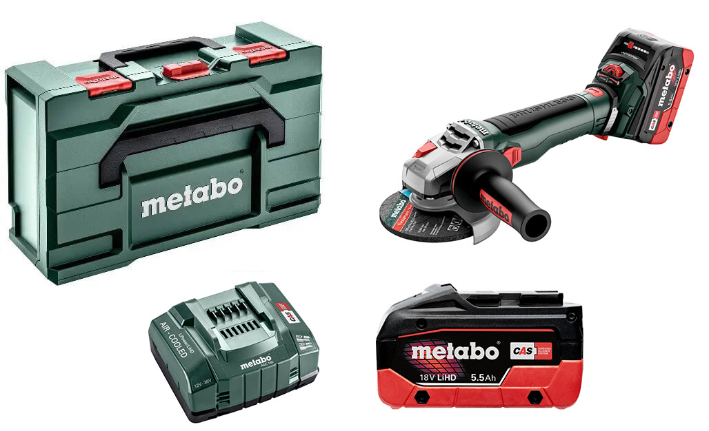 Аккумуляторная угловая шлифмашина Metabo WVB 18 LT BL 11-125 Q, c 2 акб LiHD 5.5 Ah, ASC 145 в MetaBox 165 L
