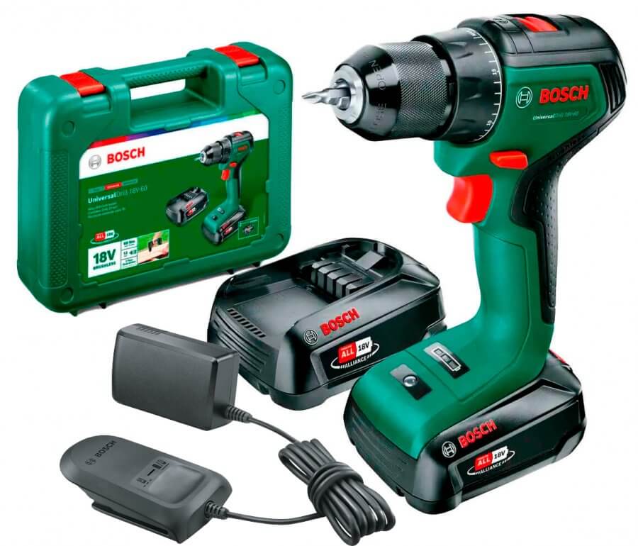 Акумуляторний дриль-шурупокрут Bosch UniversalDrill 18V-60 із 2 акб 2 Ah і з/п AL 18V-20 у кейсі