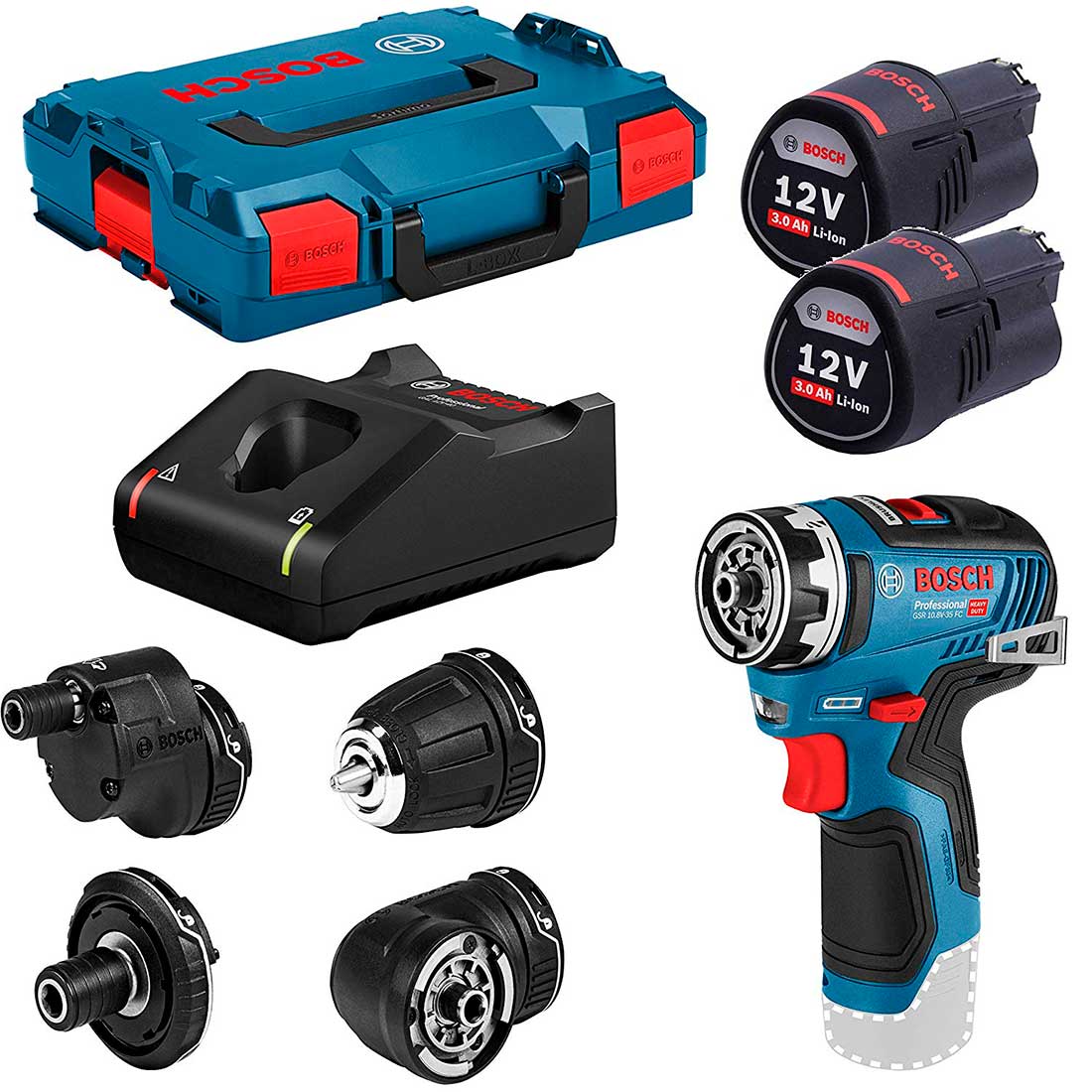 Безщітковий акумуляторний дриль-шурупокрут Bosch Professional GSR 12V-35 FC із 4 адаптерами в L-Boxx 102 із 2 акб GBA 12V 3.0Ah та з/п GAL 12V-40
