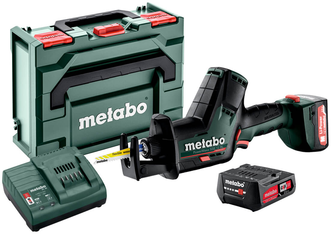 Акумуляторна шабельна пила Metabo PowerMaxx SSE 12 BL у MetaBox із 2 акб Li-Power 12 V 2.0 Ah, з/п LC SC 30