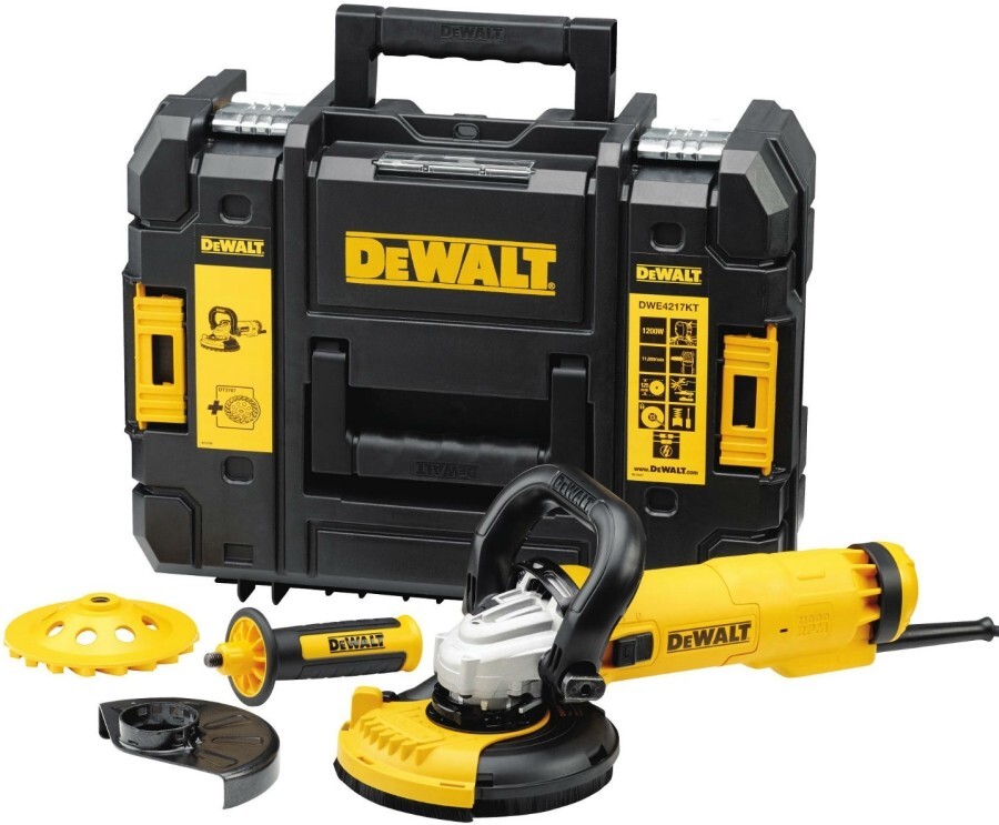 Кутова шліфмашина DeWalt DWE4217KT в кейсі TSTAK з боковою рукояткою, кожухом-адаптером і алмазною чашею