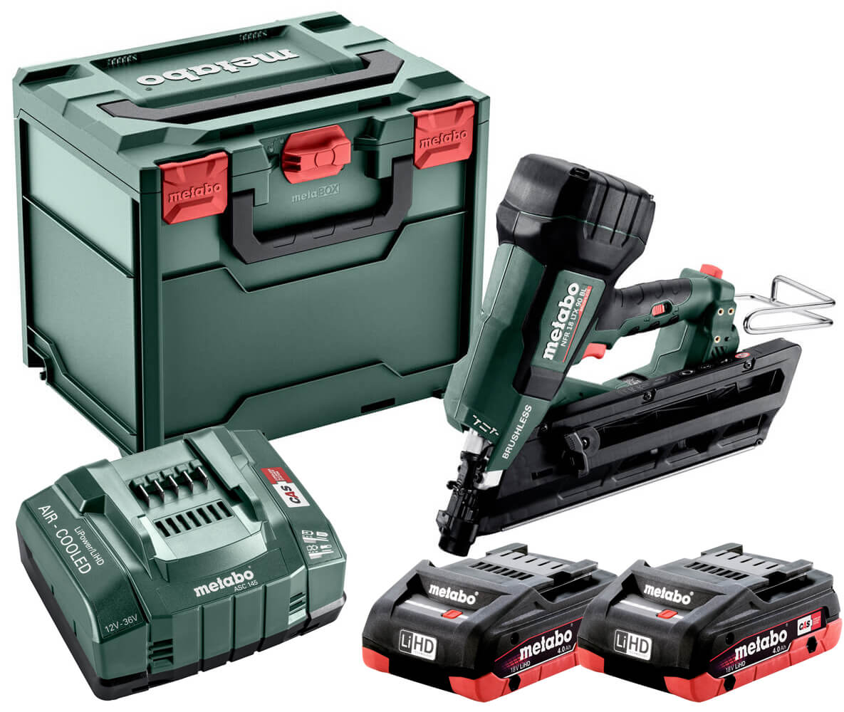 Акумуляторний цвяхозабивач Metabo NFR 18 LTX 90 BL із 2 акб 18V LIHD 4Ah і з/п ASC 145 в MetaBox 340
