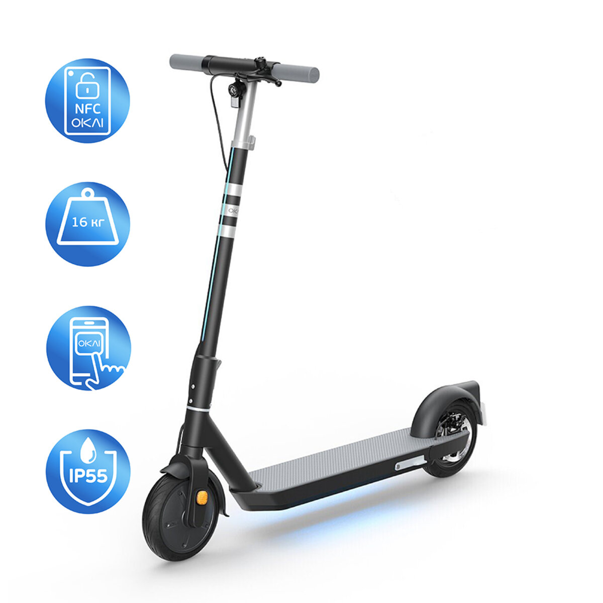 Електросамокат OKAI ES20-NEON Black 9", 300(600)W, 9.8Ah, 40km, 25km\h, 20%, NFC, App, 16kg (ES20-B)