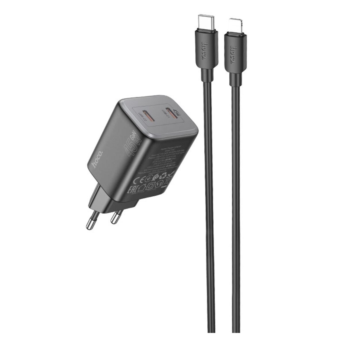 Мережевий зарядний пристрій HOCO N42 Elogiado dual-port PD45W(2C) charger set(C to iP) Black (6942007617109)