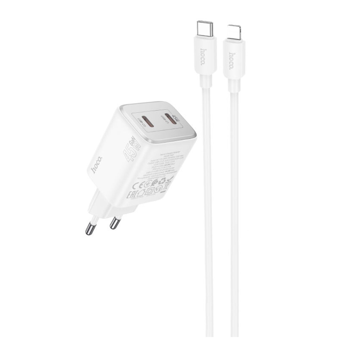 Мережевий зарядний пристрій HOCO N42 Elogiado dual-port PD45W(2C) charger set(C to iP) White (6942007617116)