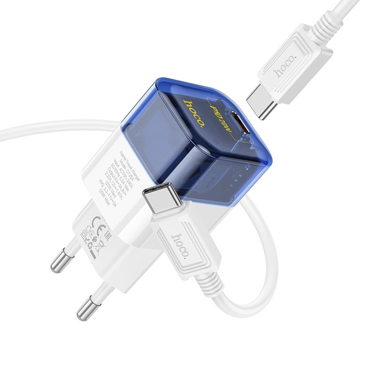Мережевий зарядний пристрій HOCO C125A Transparent tribute single-port PD20W charger set(Type-C to Type-C) Transparent Blue (6931474798381)