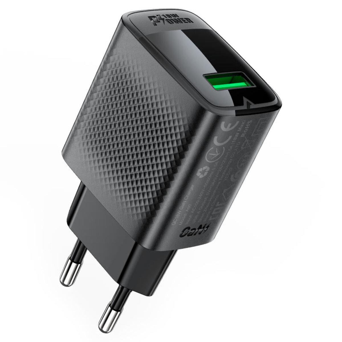 Мережевий зарядний пристрій ACEFAST A90 QC18W GaN single USB-A charger (EU) Black (6974316283249)