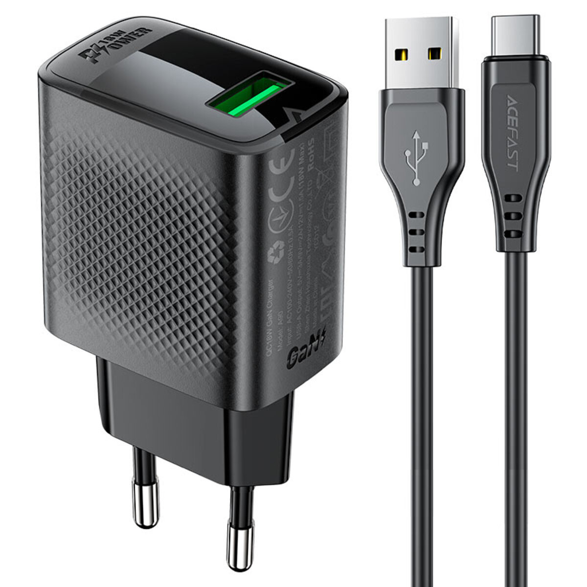 Зарядний пристрій Acefast USB-A 20W + Type-C cable A90 Fast Charger Black (6974316280064)