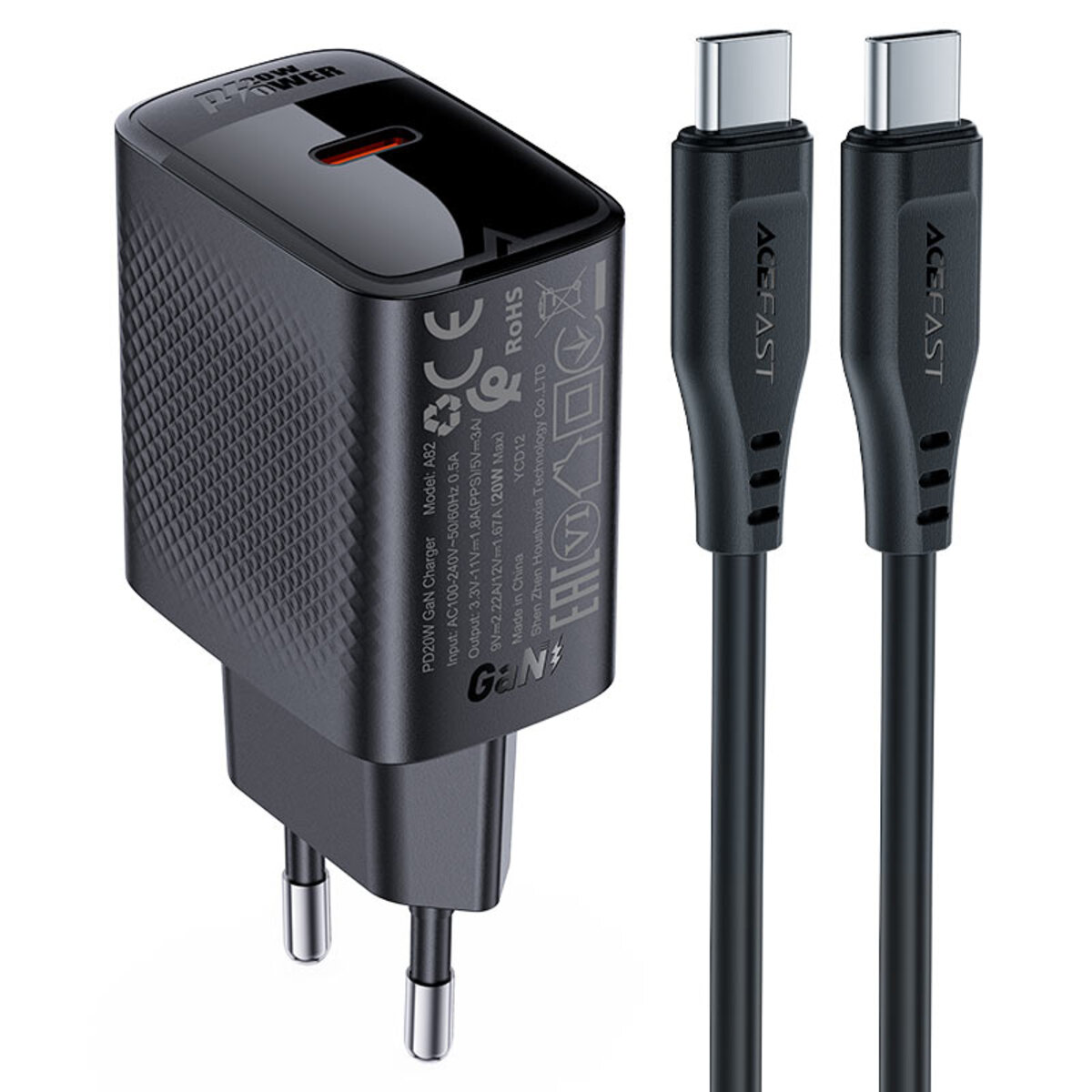 Зарядний пристрій Acefast USB-C 20W + Type-C cable A82 Fast Charger Black (6974316280057)