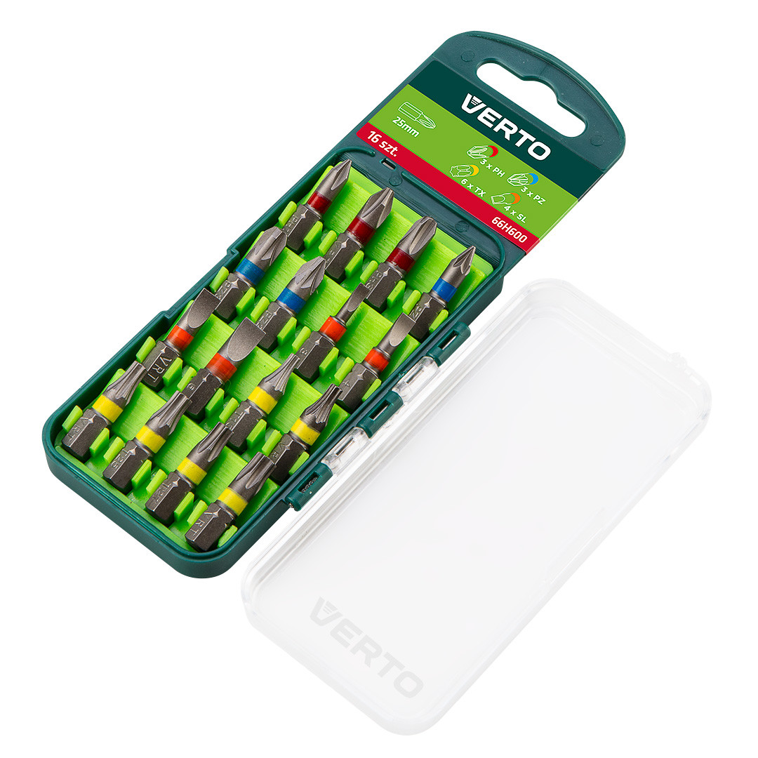 Накінечник викрутки, набір 16 шт., 25 mm - 3 x PH, 3 x PZ, 4 x SL, 6 x TX Verto