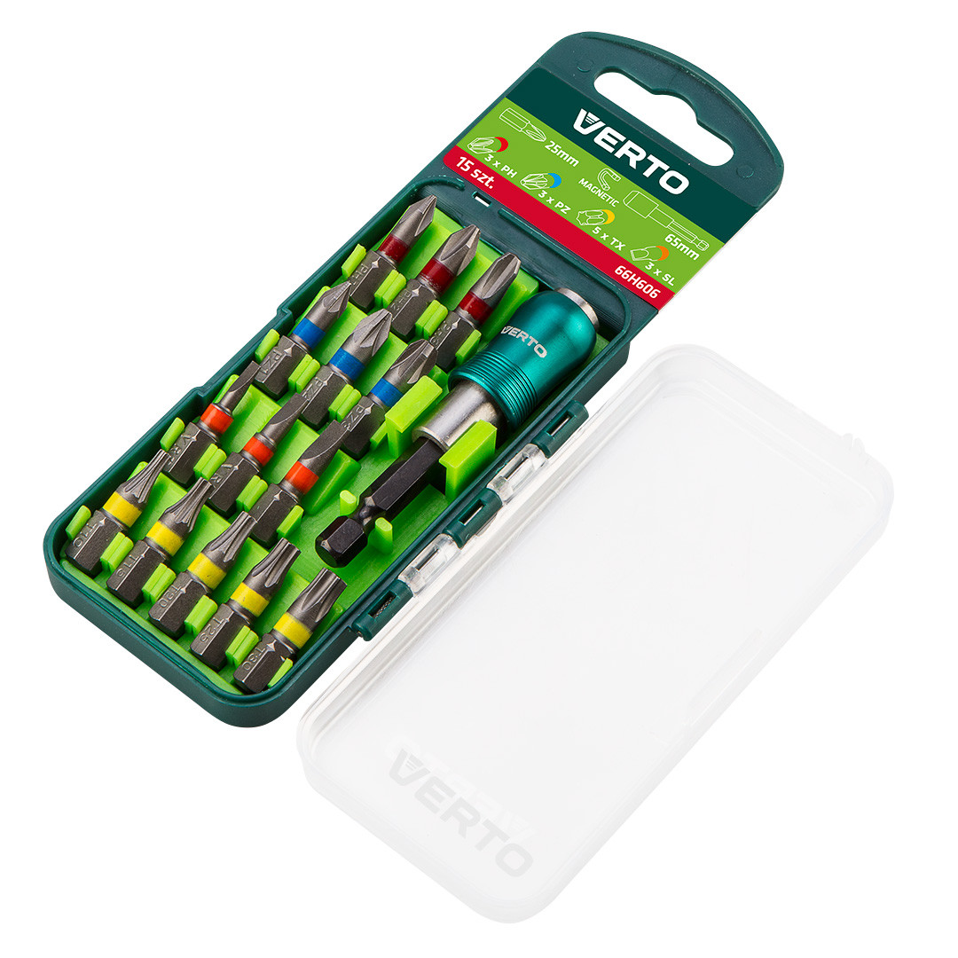 Накінечник викрутки, набір 16 шт., 25 mm - 3 x PH, 3 x PZ, 3 x SL, 5 x TX + тримач насадок Verto