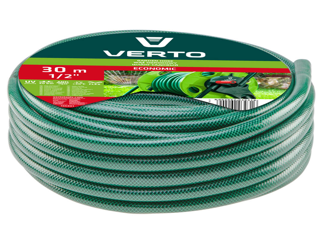 Садовий шланг Verto 15G800 Economic 1/2" x 20 м, легкий та довговічний, до 20 бар. Verto