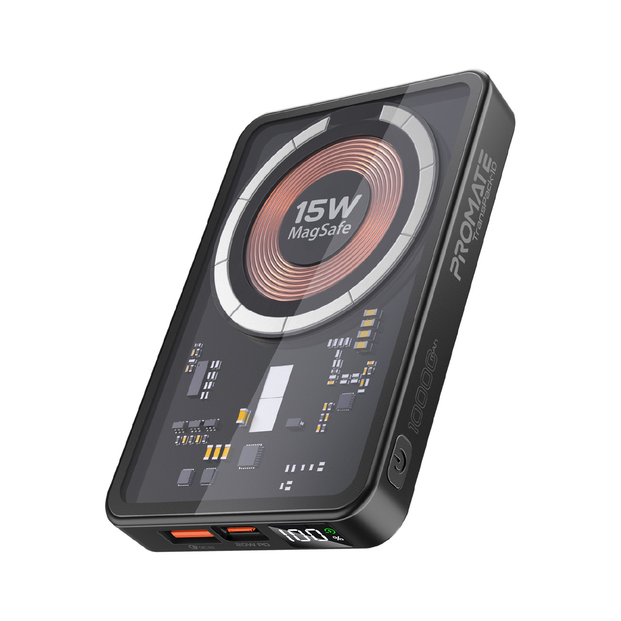 УМБ Promate TransPack-10 10 000 mAh, 20W PD USB-C порт, 22.5W QC USB-A порт, 15W MagSafe Black (transpack-10.black)